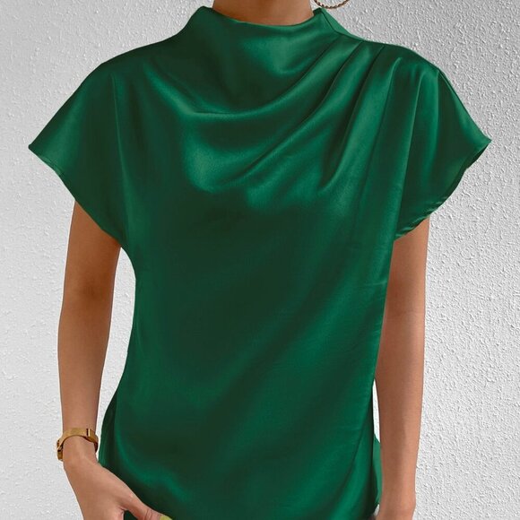 Green Party Women's Mock Neck Batwing Sleeve Satin Blouse - Picture 4 of 6